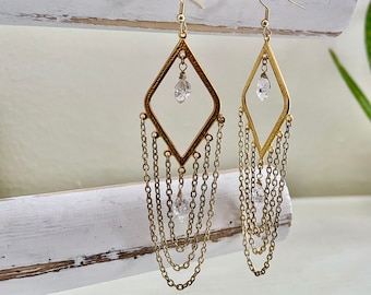 Herkimer Diamond Earrings Gold Chandelier Earrings Herkimer Diamond Jewelry Diamond Earrings Healing Crystals and Stones Statement Earrings