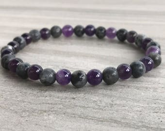 Amethyst and Larvikite Beaded Bracelet Natural Stone Jewelry Beads Stone Healing Crystals Healing Stone Chakra Semi Precious Gemstones Boho
