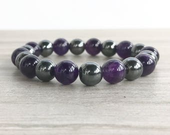 Large Amethyst and Hematite Beaded Bracelet Natural Stone Jewelry Beads Stone Healing Crystals Healing Stone Chakra Semi Precious Gemstones