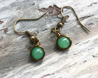 Antique Green Aventurine Wire Wrapped Earrings Healing Crystals and Stones Semi Precious Gem Natural Stone Jewelry Handmade Crystal Earrings