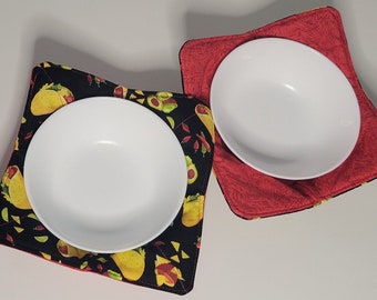 Bowl Cozy-Microwavable, Sold in Sets of 2. Tacos with Black and Red Cotton Fabrics