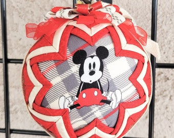 Mickey and Minnie Mouse Red and Ivory V2 4 Inch "Quilted" Ornament