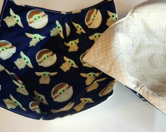 Star Wars Baby Yoda Grogu from The Mandalorian Bowl Cozy-Microwavable, Sold in Sets of 2. Navy Blue and Beige Cotton Fabrics