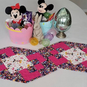 Disney Mickey and Minnie Mouse Quilted Placemats, Easter or Spring Set of 2 Fun Shaped Placemats with Pink Accents