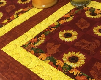 Quilted Sunflower Table Runner | Burgundy Thanksgiving Autumn Decor