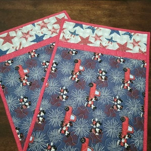 Disney Mickey and Minnie Mouse Patriotic Quilted Placemats, Set of 2 Rectangle Placemats Red, White, and Blue Stars, Fireworks, Red Pickup