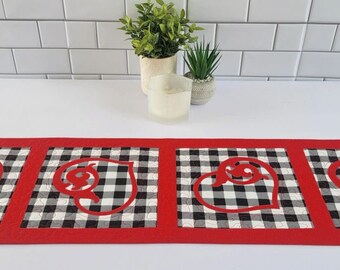 Red Hearts on Black and White Plaid Quilted and Appliqued Table Runner