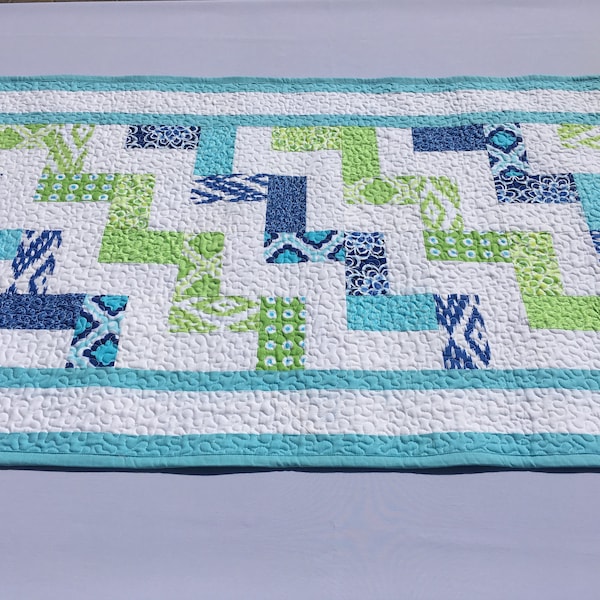 Quilted Table Runner in Blue, Green, and White | Extra Large Table Topper | Windham Fabric "Fresh"  by Another Point of View