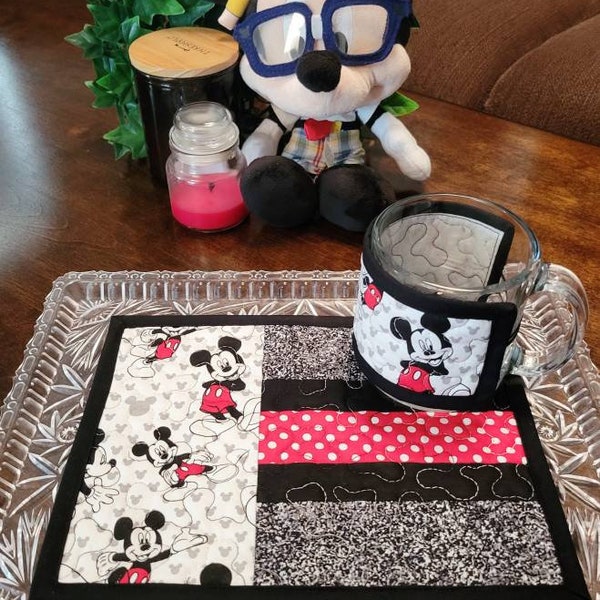 Disney Mickey Mouse Quilted Mugrug and Cup Cozy, Mickey Mouse Black White Gray and Red, Mickey Mouse Decor, Disney Coffee Tea Gift Idea