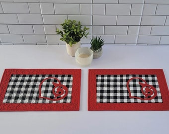 Red Heart on Black and White Plaid Quilted and Appliqued Placemats