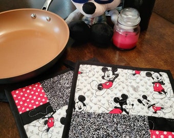 Disney Mickey Mouse Black White Red and Gray Quilted Potholders for Kitchen and Dining Decor, Insulated Disney Potholders, Disney Gift Idea