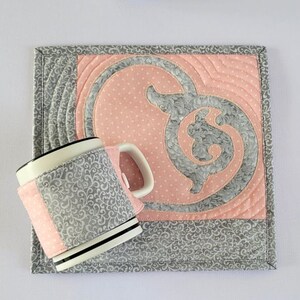 Gray Heart on Pink Quilted Mugrug and Cup Cozy Set