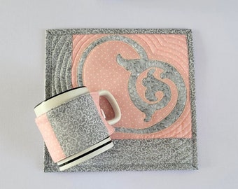 Gray Heart on Pink Quilted Mugrug and Cup Cozy Set