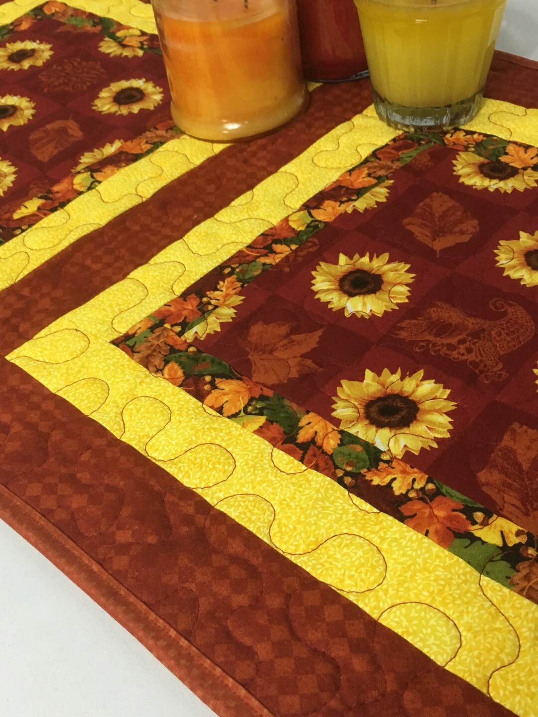 Quilted Sunflower Table Runner | Burgundy Thanksgiving Autumn Decor - Etsy