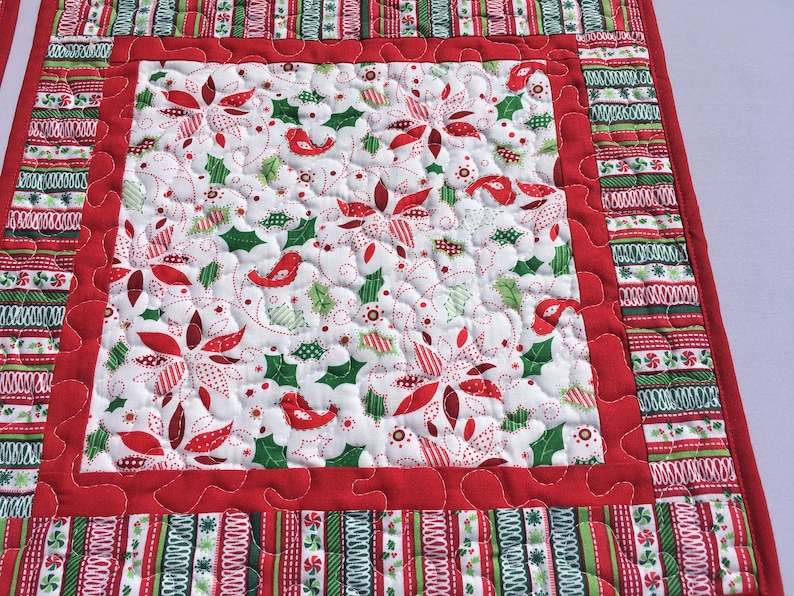 Christmas or Winter Holiday Set of 4 Square Quilted Placemats Green Ivy and Red Cardinal Insulated Dining Placemats Winter White