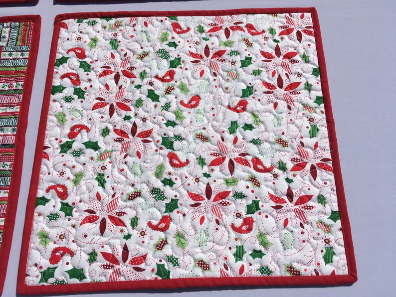 Christmas or Winter Holiday Set of 4 Square Quilted Placemats Green Ivy and Red Cardinal Insulated Dining Placemats Winter White