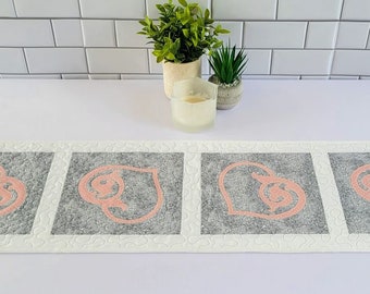 Pink Hearts on Gray Quilted and Appliqued Table Runner