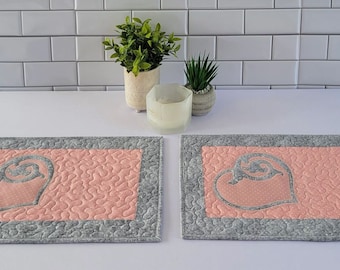 Gray Heart on Pink Quilted and Appliqued Placemats