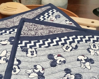 Mickey and Minnie Mouse Quilted Pot Holders: Gray & Navy, Set of 2
