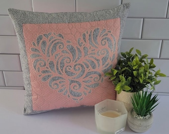 Gray Heart Applique on Soft Pink-  16 inch Quilted Pillow Cover with Zipper Closure