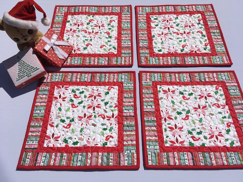 Christmas or Winter Holiday Set of 4 Square Quilted Placemats Green Ivy and Red Cardinal Insulated Dining Placemats Winter White