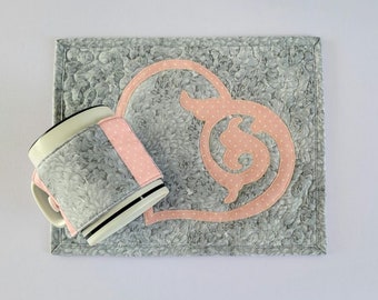 Pink Heart on Gray Quilted Mugrug and Cup Cozy Set