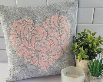 Pink Heart Applique on Gray-  16 inch Quilted Pillow Cover with Zipper Closure