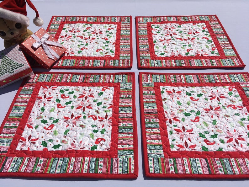 Christmas or Winter Holiday Set of 4 Square Quilted Placemats Green Ivy and Red Cardinal Insulated Dining Placemats Winter White