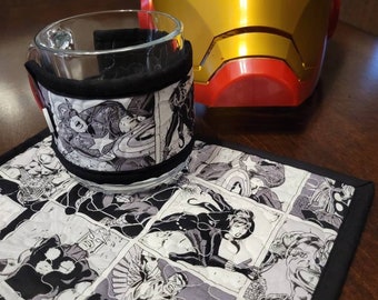 Marvel Mug Rug w/ Cup Cozy, Hero Black and White Comic Style, Fan Gift for Father's Day, Avengers Office Gift Set, Marvel Quilted Mousepad