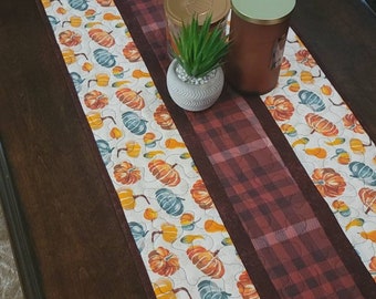 Quilted Pumpkin Table Runner, Orange Teal Plaid Border, Fall Thanksgiving Decor