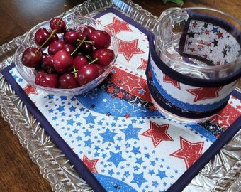 4th of July Memorial Day Patriotic Mug Rug | Insulated Fabric Coaster | Red, White, and Blue Holiday Decor | Patriotic Stars and Stripes