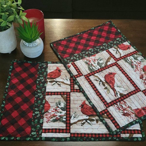 Winter Christmas Quilted Placemats, Red Plaid and Green Holly Table Mats, Fabric Holiday Decor for Kitchen, Dining, or Coffee Table