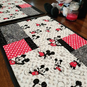 Disney Classic Mickey Mouse Quilted Placemats, Mickey Mouse Black White Gray and Red, Mickey Kitchen and Dining Decor Set of 2 Placemats