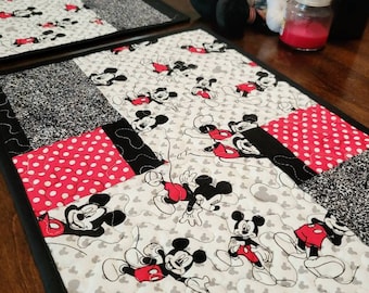 Disney Classic Mickey Mouse Quilted Placemats, Mickey Mouse Black White Gray and Red, Mickey Kitchen and Dining Decor Set of 2 Placemats