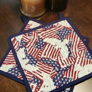 Könnte beinhalten: Zwei blaue und weiße Topflappen mit einem abgenutzten amerikanischen Flaggenmuster. Die Topflappen haben einen dunkelblauen Rand.