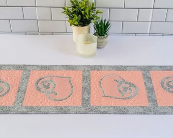 Gray Hearts on Pink Quilted and Appliqued Table Runner