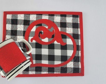 Red Plaid Heart Quilted Mugrug and Cup Cozy Set