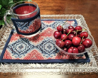 Americana Patriotic Mug Rug and Cup Cozy | Insulated Fabric Coaster | Red, White, and Blue Holiday Decor | 4th of July Summer Table Decor