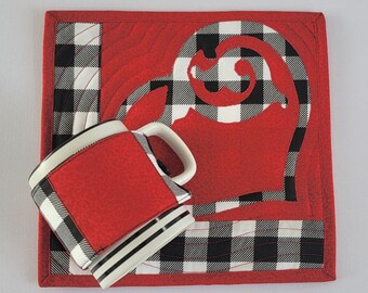 Black and White Plaid Heart on Red Quilted Mugrug and Cup Cozy Set