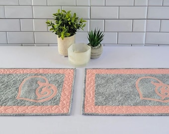 Pink Heart on Gray Quilted and Appliqued Placemats