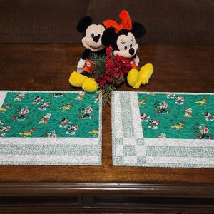Disney Character Quilted Placemats in Green and White with Mickey and Minnie Mouse, Goofy, Pluto, and Donald Duck for Dining and Kitchen