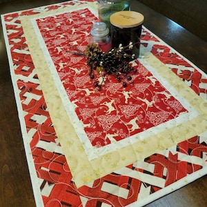 Christmas Holiday Quilted Table Runner, Red White and Golds Christmas Ornaments Table Decor, Xmas Kitchen Dining or Coffee Table Runner