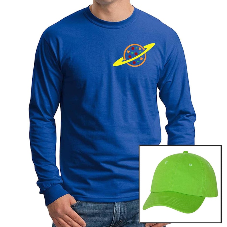 May include: A royal blue long-sleeve t-shirt with a yellow and red pizza planet logo. The shirt is paired with a bright green baseball cap.