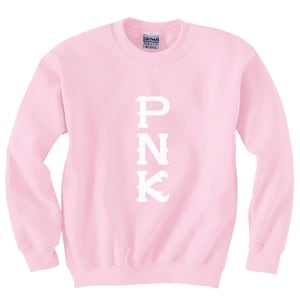 May include: Pink sweatshirt with the word "PNK" printed vertically in white on the front.