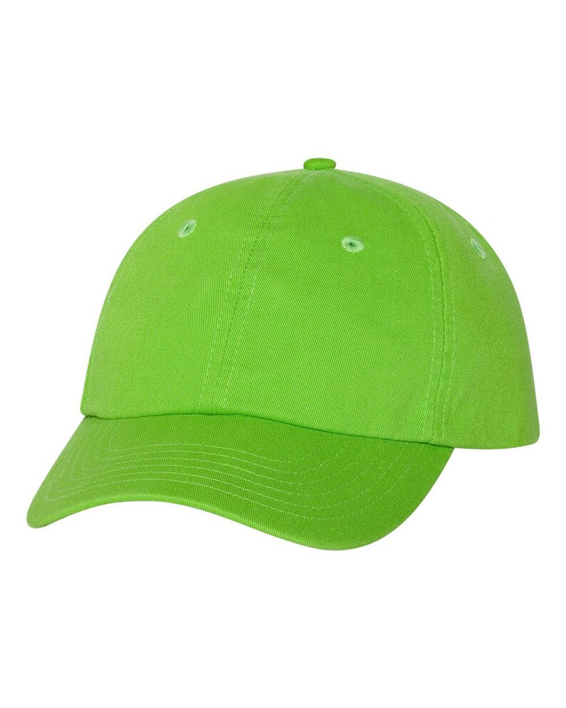 May include: A bright green baseball cap with a curved brim. The cap is made of a soft, cotton fabric.