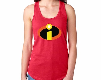 May include: Red tank top with a black and yellow "I" logo in a red oval. The logo is the symbol for the superhero character Mr. Incredible from the Disney Pixar movie The Incredibles.