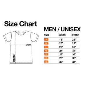 Puede incluir: Tabla de tallas para camisetas de hombre y unisex. La tabla muestra las medidas de ancho y largo en pulgadas para las tallas S, M, L, XL, 2XL, 3XL y 4XL.