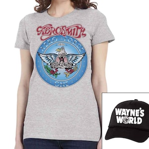 May include: A gray t-shirt with a blue and white graphic of an eagle with the text "Aerosmith Aero Force One" on the front. A black and white trucker hat with the text "Wayne's World" on the front.