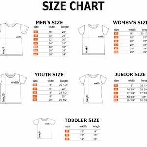 以下が含まれることがあります： 男性、女性、子供、ジュニア、幼児向けのTシャツのサイズチャート。チャートには、幅と長さの寸法がインチで表示されています。