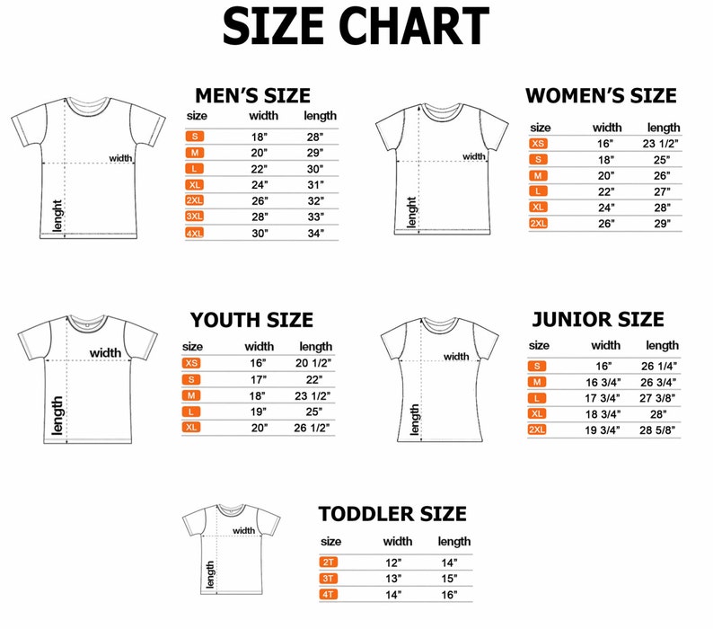 以下が含まれることがあります： 男性、女性、子供、ジュニア、幼児向けのTシャツのサイズチャート。チャートには、幅と長さの寸法がインチで表示されています。